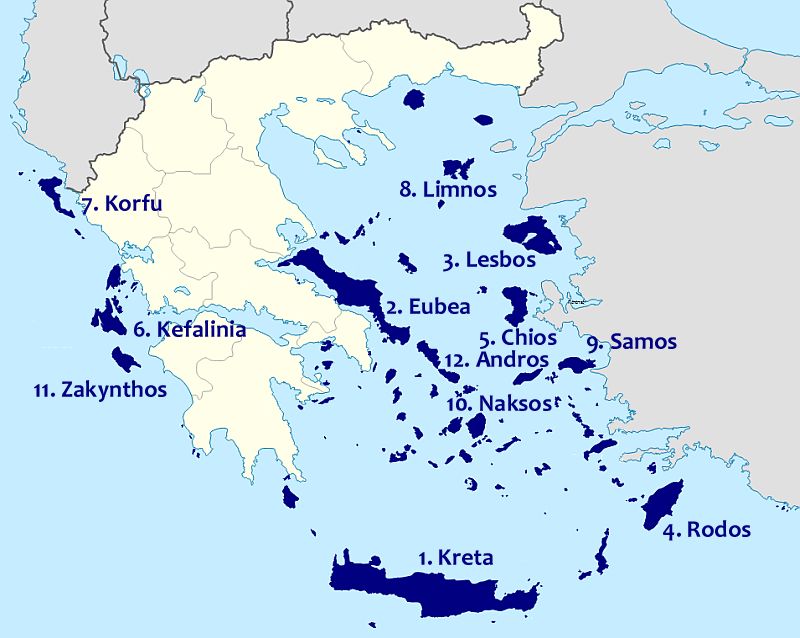 Największe greckie Wyspy - mapa