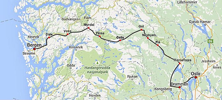 Bergensbanen - Mapa trasy